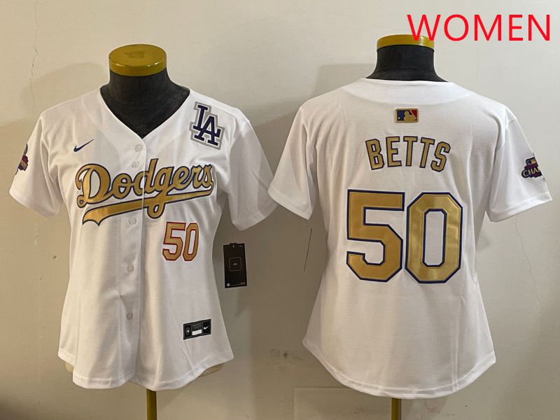 Women Los Angeles Dodgers #50 Betts White Champion gold character 2025 Nike MLB Jersey style 4094